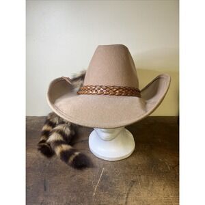 Vtg Mens Fabini Doeskin Wool Felt Cowboy Hat Brown Raccoon Tail Accents  Brown